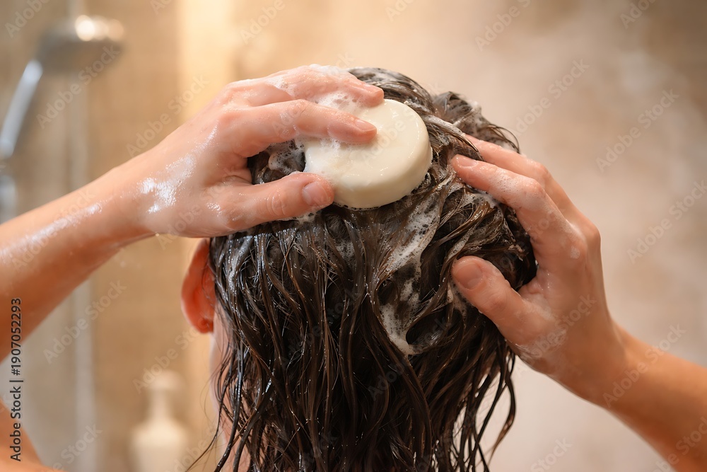 Naklejka premium Close-up of Woman Washing Hair with Solid Shampoo Bar in Shower
