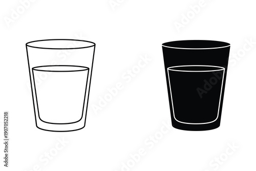 Two glasses of water, one full and one empty, in contrasting black and white vector illustration