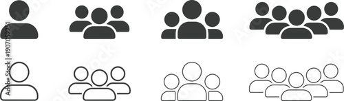 Set of eight user group icons in solid fill and outline styles on white background people silhouette