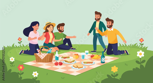 Happy friends having picnic in park together.