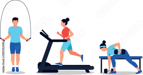 Flat vector illustration set of people exercising including man jumping rope woman running on treadmill and lifting heavy dumbbells.