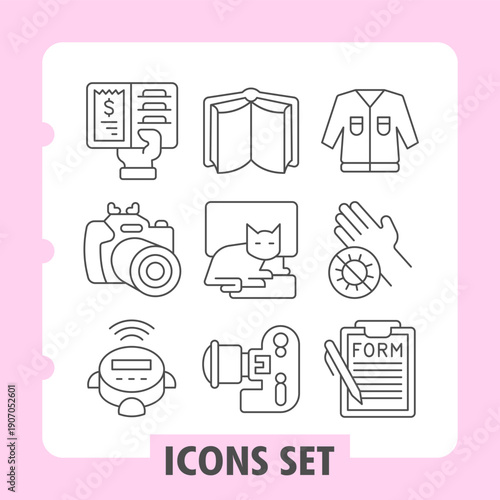 Set of nine thin line icons depicting financial, technology, home, education and lifestyle concepts. Ideal for web design, presentations and print on white background.