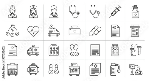 Healthcare and Medical Line Icons Set – Hospital, Treatment and Health Outline Vector