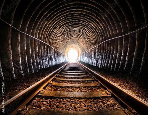 illuminated railway track inside dark textured tunnel evoking adventure
