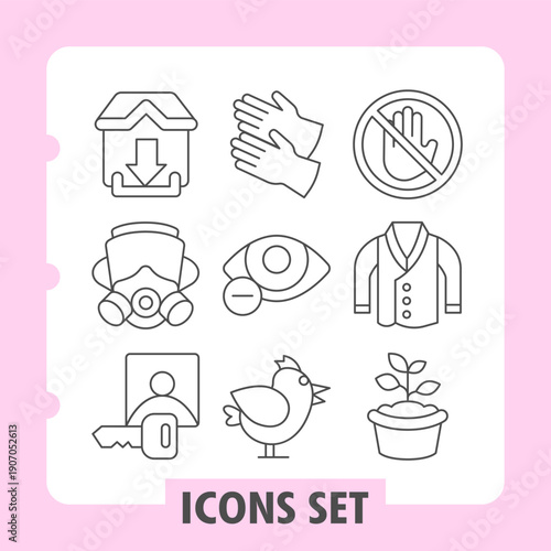 Set of nine thin line icons depicting protection, prohibition, communication, health, clothing, farming and nature concepts. Ideal for web design, presentations and print on white background.