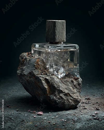 Fusione tra elementi naturali e industriali in un flacone di profumo realizzato con vetro e pietra