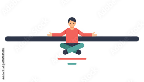 Person balancing long dark blue pole on their body while sitting cross legged on a red balance board