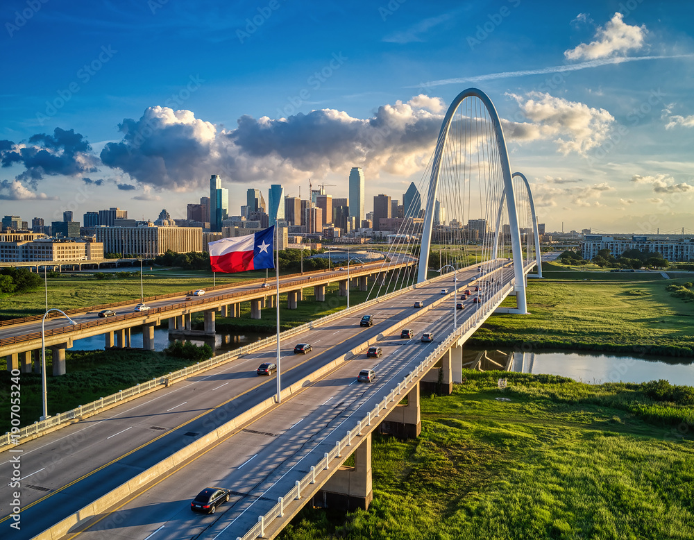 Fototapeta premium Aerial View of Margaret Hunt Hill Bridge in Dallas Texas at Sunset architecture
