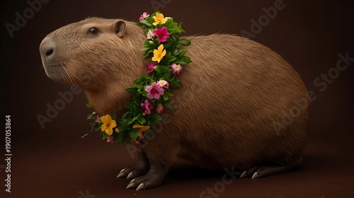Peaceful Capybara Wearing a Vibrant Floral Wreath on Dark Background