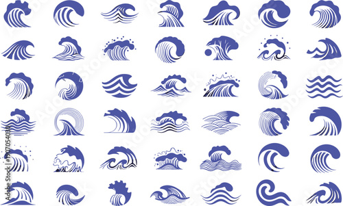 Collection of Blue Wave Icons and Symbols on White Background, Ocean Motion Graphics