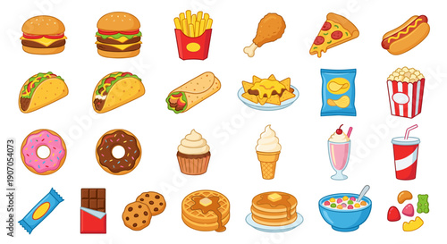 A collection of various cartoon-style fast food items, displayed on a white background.
