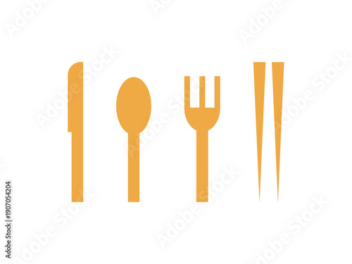 カトラリー（ナイフ、スプーン、フォーク、箸）のアイコンのイラストのセット