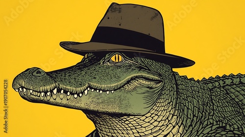 Illustrated Crocodile Head with Fedora on Yellow Background