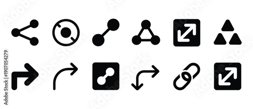 Share vector icon set featuring share, link, and connection symbols, social media communication, data transfer concepts