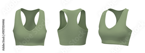 Women’s V-Neck Racerback Sports Bra for Yoga, Gym, and Fitness Mockup. Front, Side and Back View