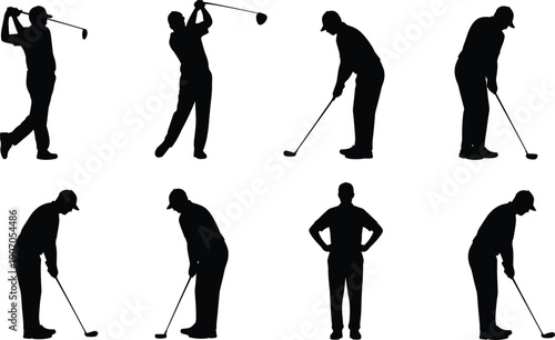 Silhouette Collection of a Golfer in Various Poses on White Background Keywords: Golfer, golf, sport, athlete, player, swing