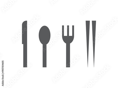 カトラリー（ナイフ、スプーン、フォーク、箸）のアイコンのイラストのセット