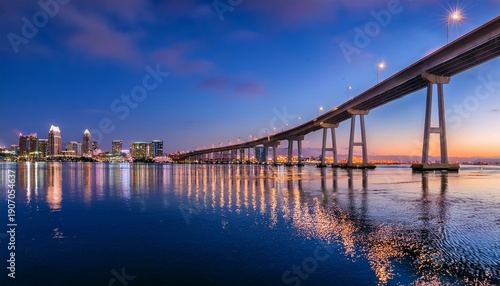 illuminated coronado bridge reflecting on san diego bay at twilight