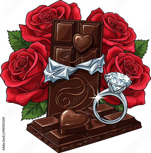 Romantic Valentine Proposal with Chocolate, Roses and Diamond Ring
