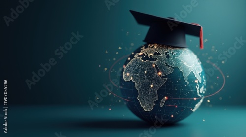 A digital globe representing Africa is capped with a graduation hat, symbolizing the connection between education and technology 
