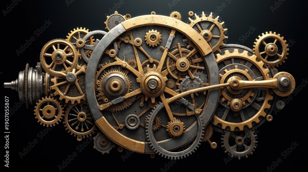 Obraz premium Impossibly complex clockwork mechanism with hundreds of interlocking gears of varying materials from brass to damascus steel, background fading to black to emphasize the mechanical poetry