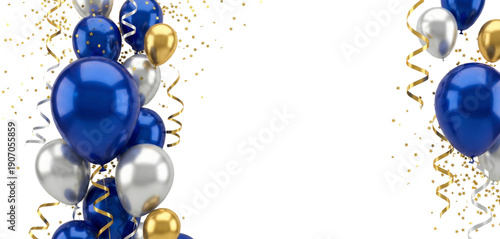 Vibrant blue, silver, and gold balloons with confetti for festive celebrations