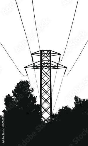 Silhouette of an electricity pylon tower with power lines above a forest line Keywords: silhouette, electricity, pylon, tower