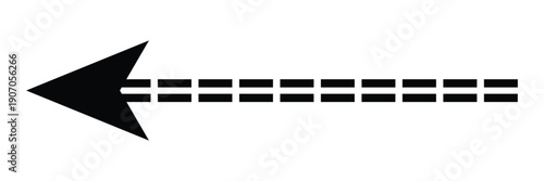 Black horizontal arrow pointing left with dashed double line tail isolated on white background for direction navigation and indicator sign symbol.