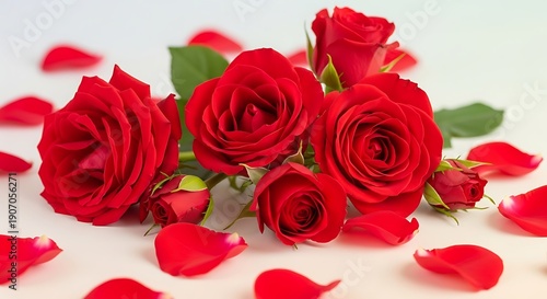 Wallpaper Mural A close-up view of a bouquet of red roses with petals scattered around on a white surface Torontodigital.ca