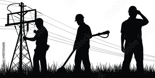 Silhouette of electricians working on power lines with grass Keywords: electrician, power line, silhouette, worker, utility