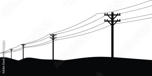 Silhouette of electricity poles and power lines stretching across rolling hills transmission