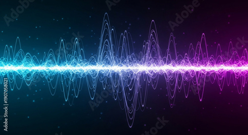 Vibrant sound wave visualization with glowing blue to purple gradient