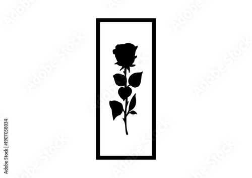 A minimalist black and white vector illustration featuring a rose silhouette with leaves and a stem, enclosed within a vertical rectangular frame on a white background.