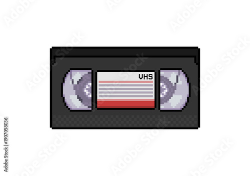 A pixel art illustration of a retro black VHS videotape cassette with a white and red label, isolated on a white background.