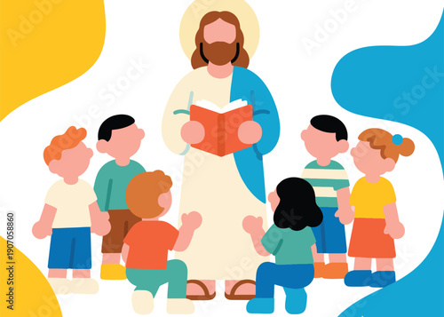 Lord Jesus Teaches Children Illustrator Artwork Creative Design Template 