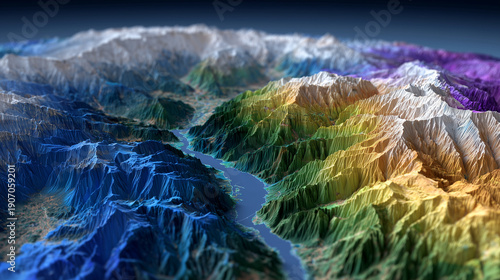 Wide cinematic perspective of a 3D topographical map, vibrant elevation gradients, GIS spatial data overlays for population and infrastructure, mountains and river basins shown in