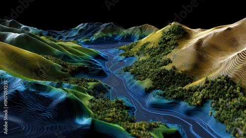 Side-angle view of a 3D topographic map, elevation and contour lines rendered in neon-like gradients, GIS overlays showing infrastructure and vegetation, cinematic lighting creatin