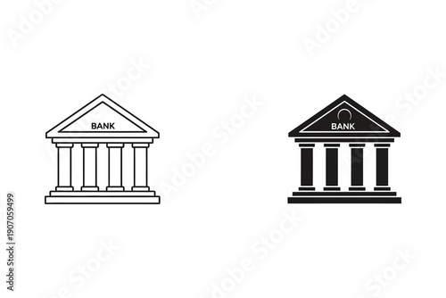 Classic Bank Building Vector Illustration in Flat Design Style with White and Black Variations