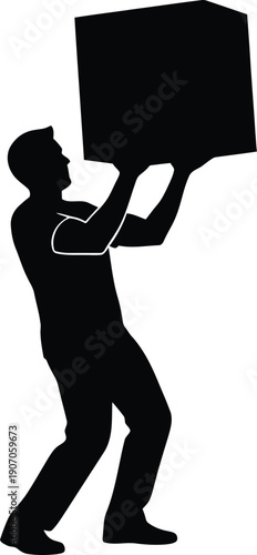 Worker carrying large box, illustration of labor, work, industry, and strength from side view