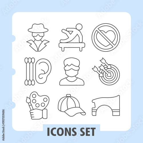 Set of nine thin line icons depicting identity, hygiene, artwork, sports, headwear and lifestyle concepts. Ideal for web design, presentations and print on white background.