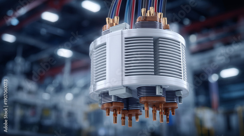 Macro perspective of high-voltage transformer bushings with detailed porcelain ridges and metal connectors, power flow cables stretching into background, cinematic depth emphasizin