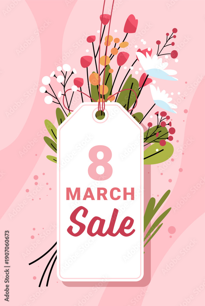 Naklejka premium 8 March womens day bouquet sale tag floral arrangement with leaves and flowers on pink abstract background banner template