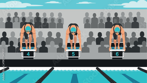 Competitive swimming event with athletes on starting blocks in a modern flat design