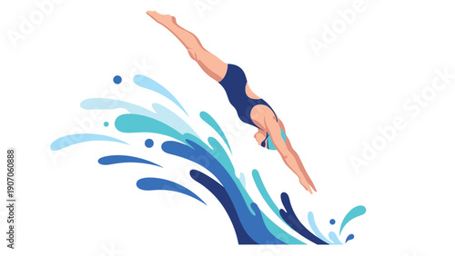 Dynamic dive with splashing water waves in flat style