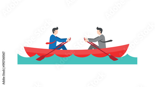 Businessmen rowing in opposite directions on a red boat