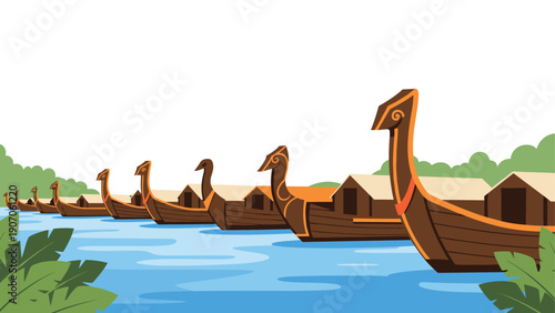 Colorful viking ships on water with houseboat background illustration