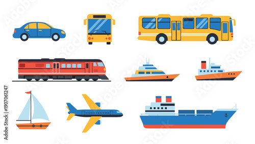 Colorful flat icons of various transport modes on white background