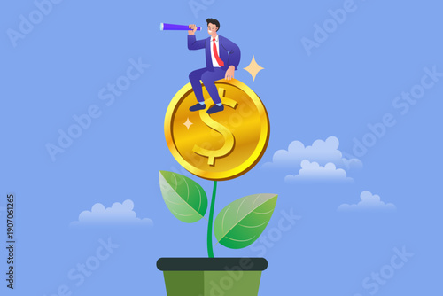 Investment Vision and Financial Growth Concept with Businessman and Telescope. Professional vector for market analysis, wealth scouting, and long-term profit discovery.