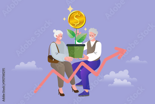 Retirement Savings and Senior Wealth Growth Concept with Elderly Couple. Professional vector for pension planning, long-term investment, and financial security in old age.