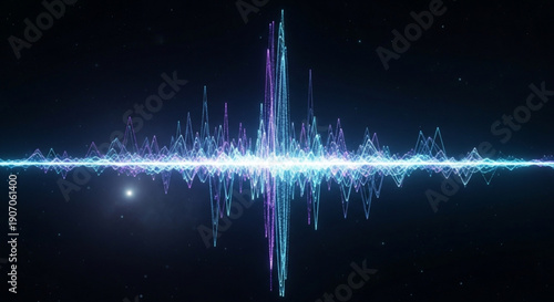 Vibrant sound wave visualization with glowing particles in space